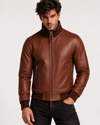 Crest Cognac Brown Leather Bomber Jacket