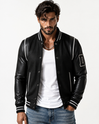 Varsity Black Leather Bomber Jacket