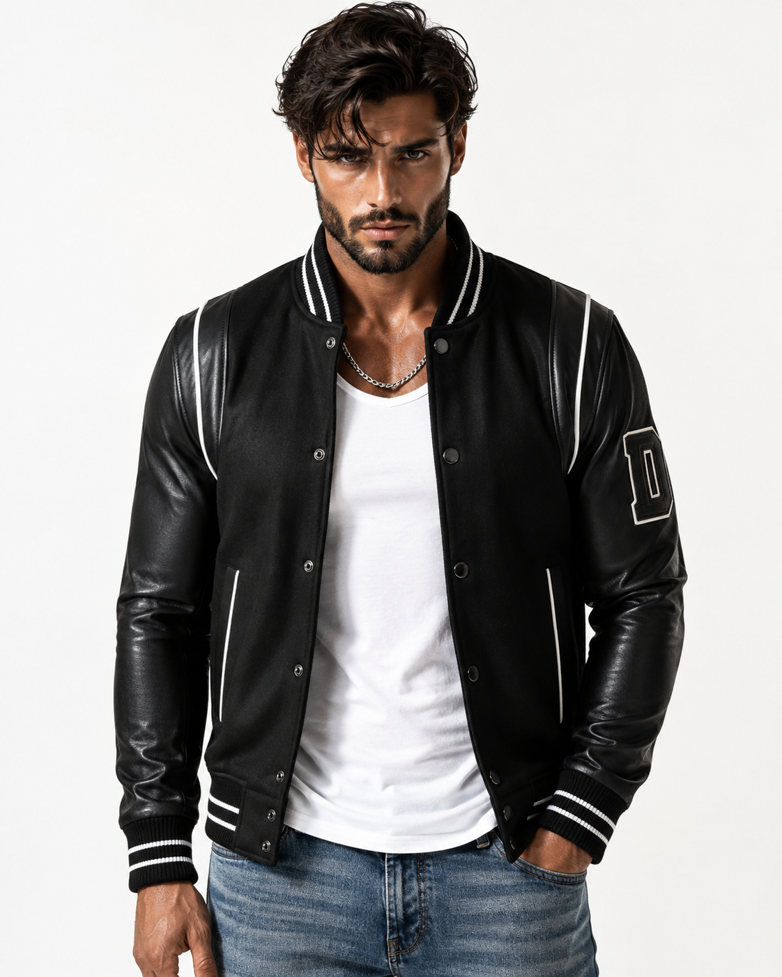 Varsity Black Leather Bomber Jacket