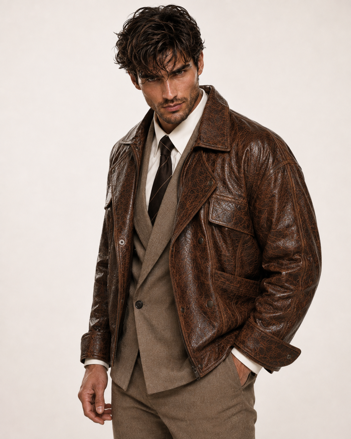 Oversized Brown Sheep Leather Aviator Blouson Jacket