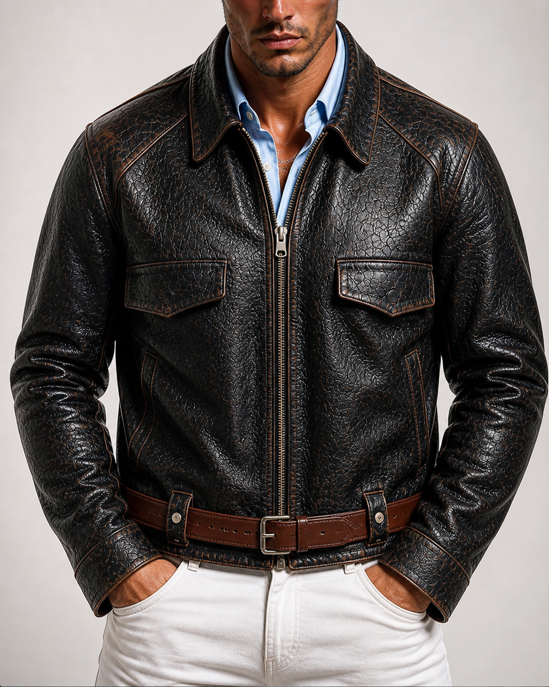 Vossen Black Distressed Sheepskin Leather Jacket
