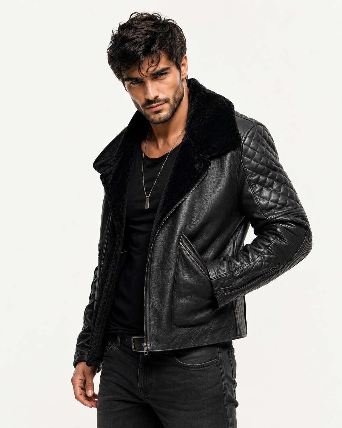 Obsidian Reign Black Leather Shearling Jacket