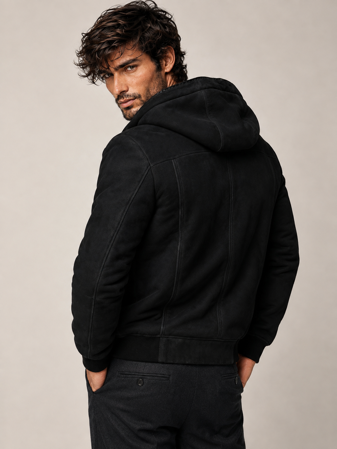 Black Suede Shearling Hoodie Jacket – Dravik