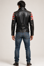 Union Jack Black Leather Café Racer Jacket | Daaran – three-quarter view