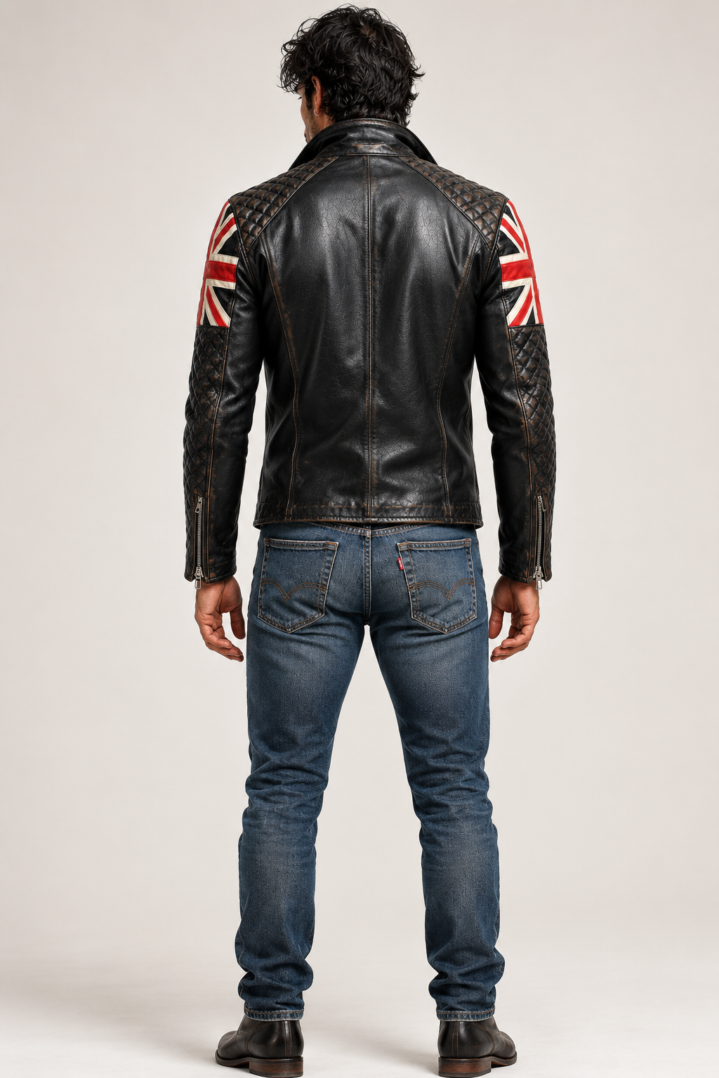Union Jack Black Leather Café Racer Jacket | Daaran – three-quarter view