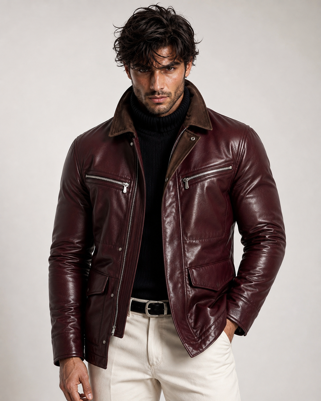 Oxblood Sheep Leather Bomber Jacket – Suede Collar