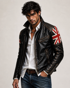 Union Jack Black Leather Café Racer Jacket | Daaran – side profile view