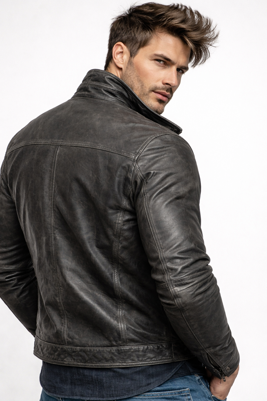 Storm Ridge Distressed Charcoal Black Leather Jacket