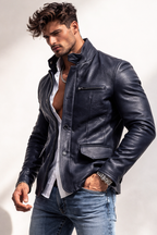 Vareno Navy Blue Leather Jacket – Slim Fit Stand Collar | Daaran