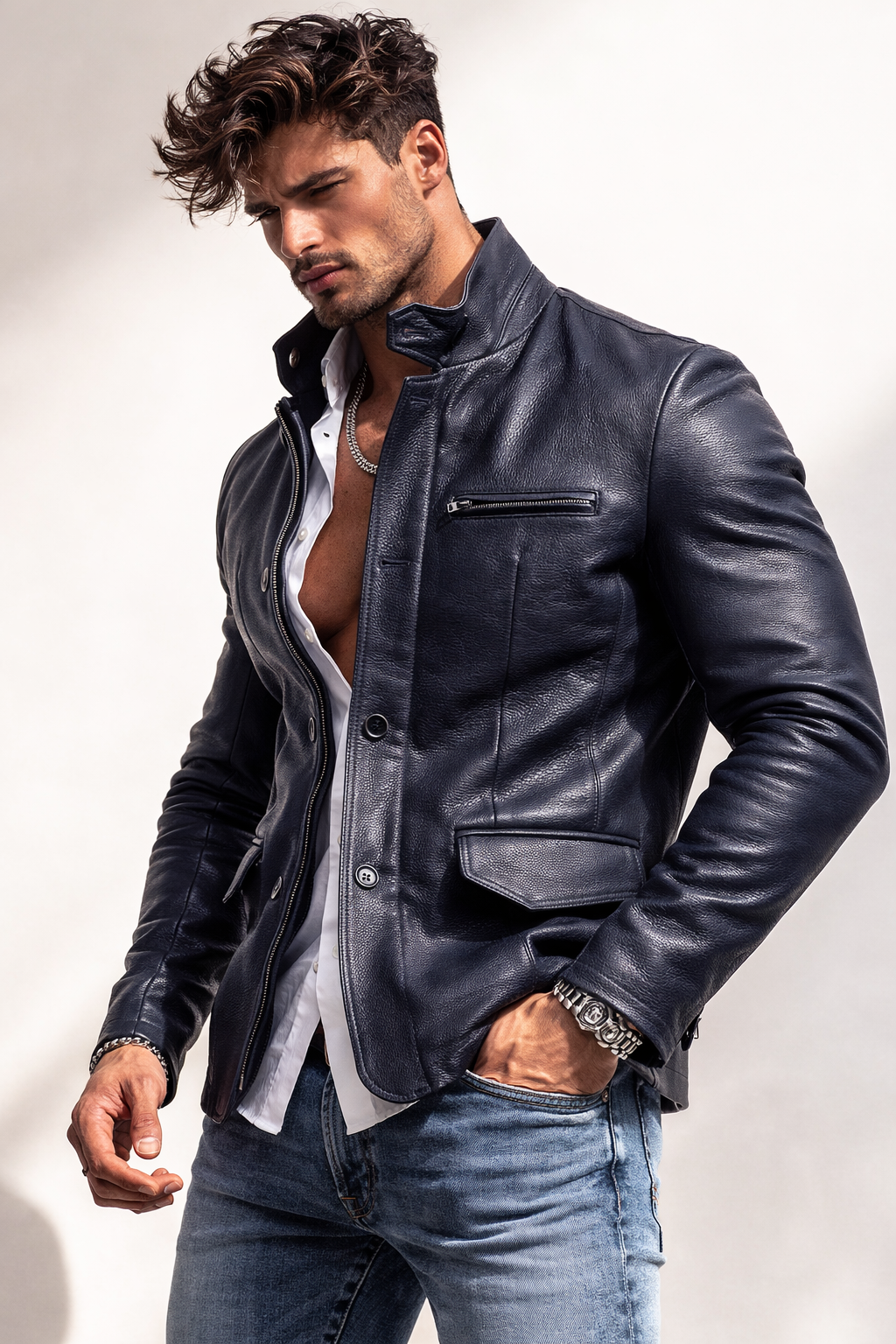 Vareno Navy Blue Leather Jacket – Slim Fit Stand Collar | Daaran