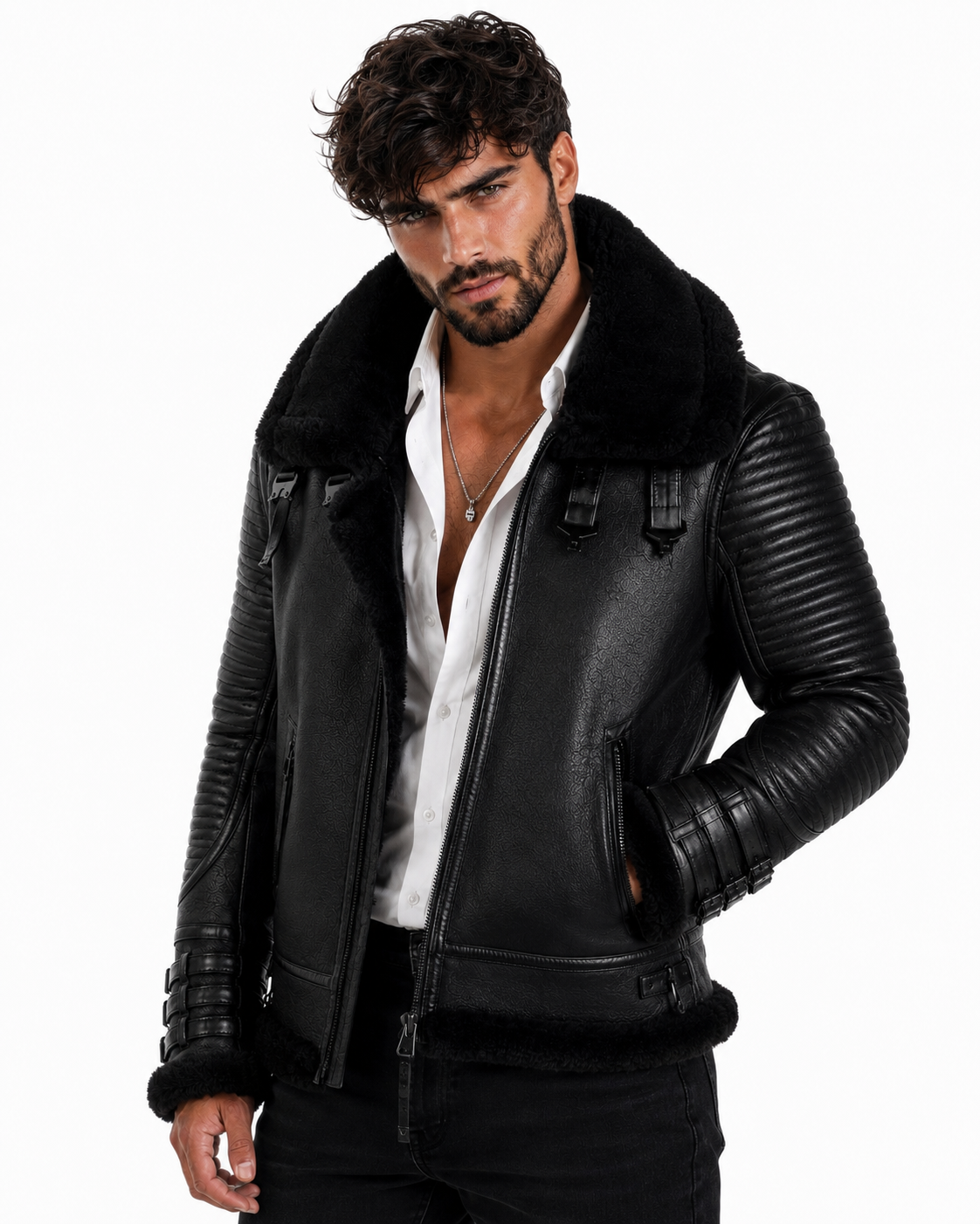 Shadow Sentinel Black Leather Aviator Jacket