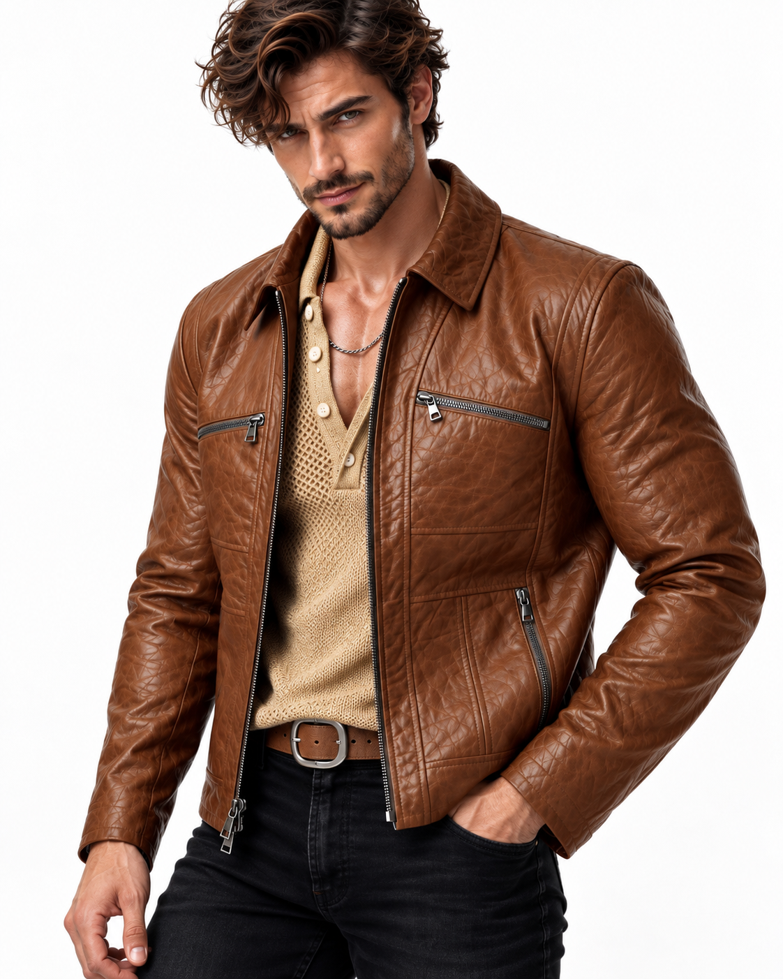 Montaro Luxe Rider Brown Leather Trucker Jacket