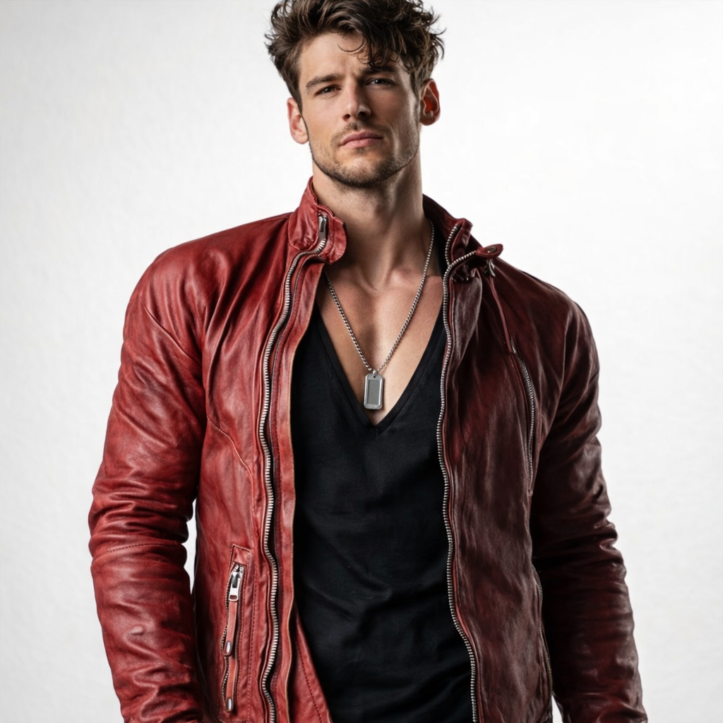 Red Distressed Moto Leather Jacket – Genuine Sheep Leather Slim Fit | Rovek by Daaran