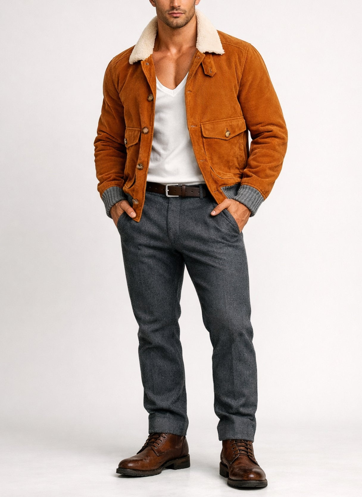 Highland Commander Rust Brown Suede Shearling Bomber Jacket