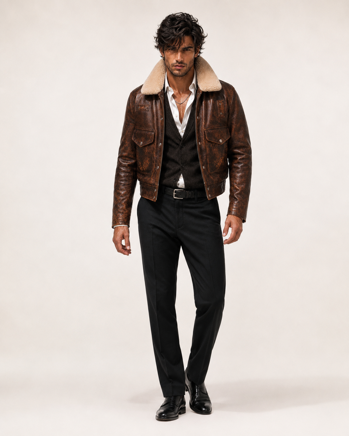 Distressed Brown Shearling Trucker Jacket – Daaran Maverick – sleeve and cuff detail