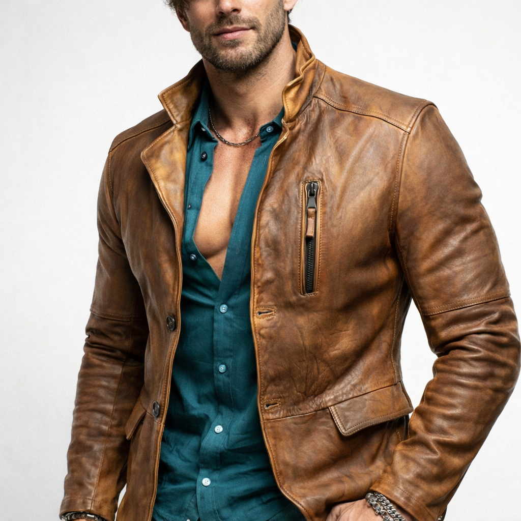 Men’s Cognac Brown Moto Leather Jacket – Distressed Sheep Leather Slim Fit | Torve by Daaran