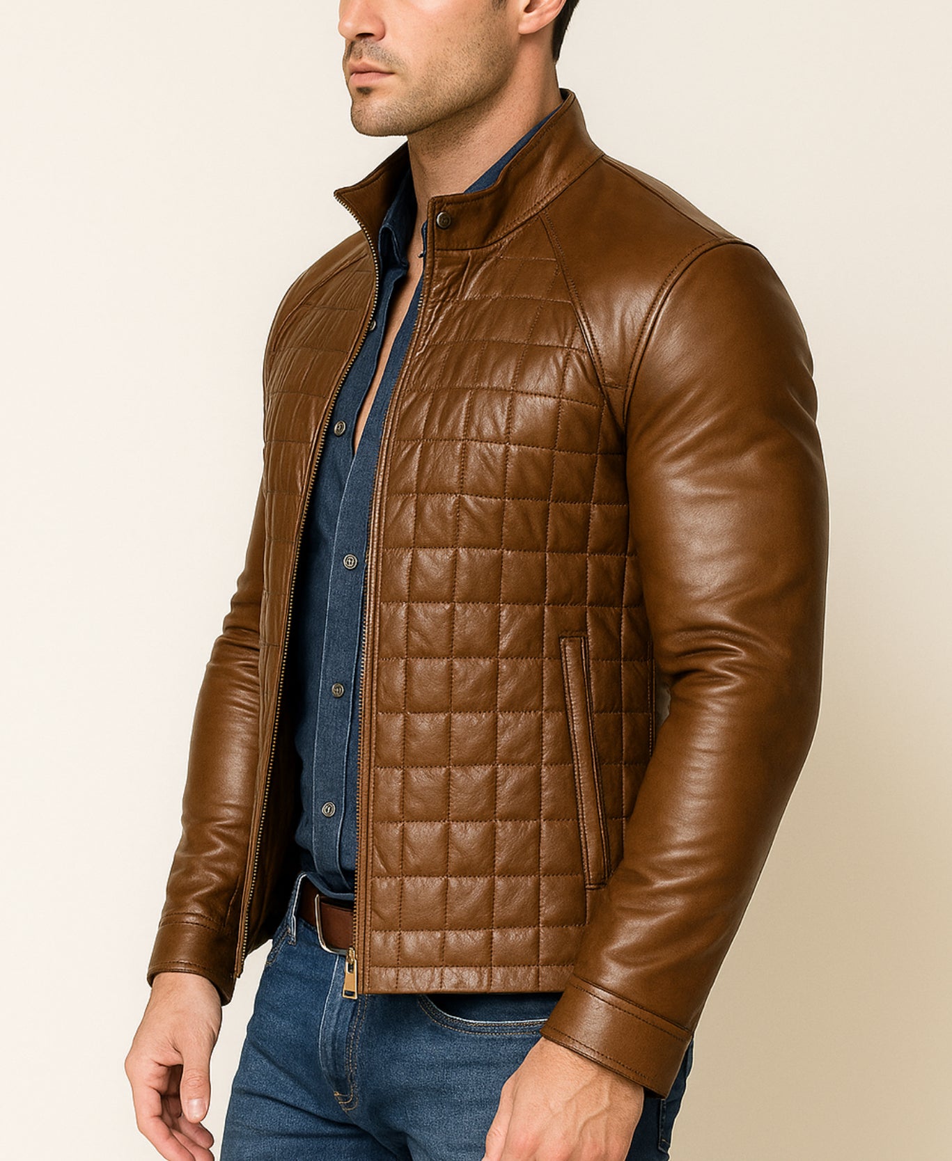Luxe Grid Moto Urban Brown Leather Jacket