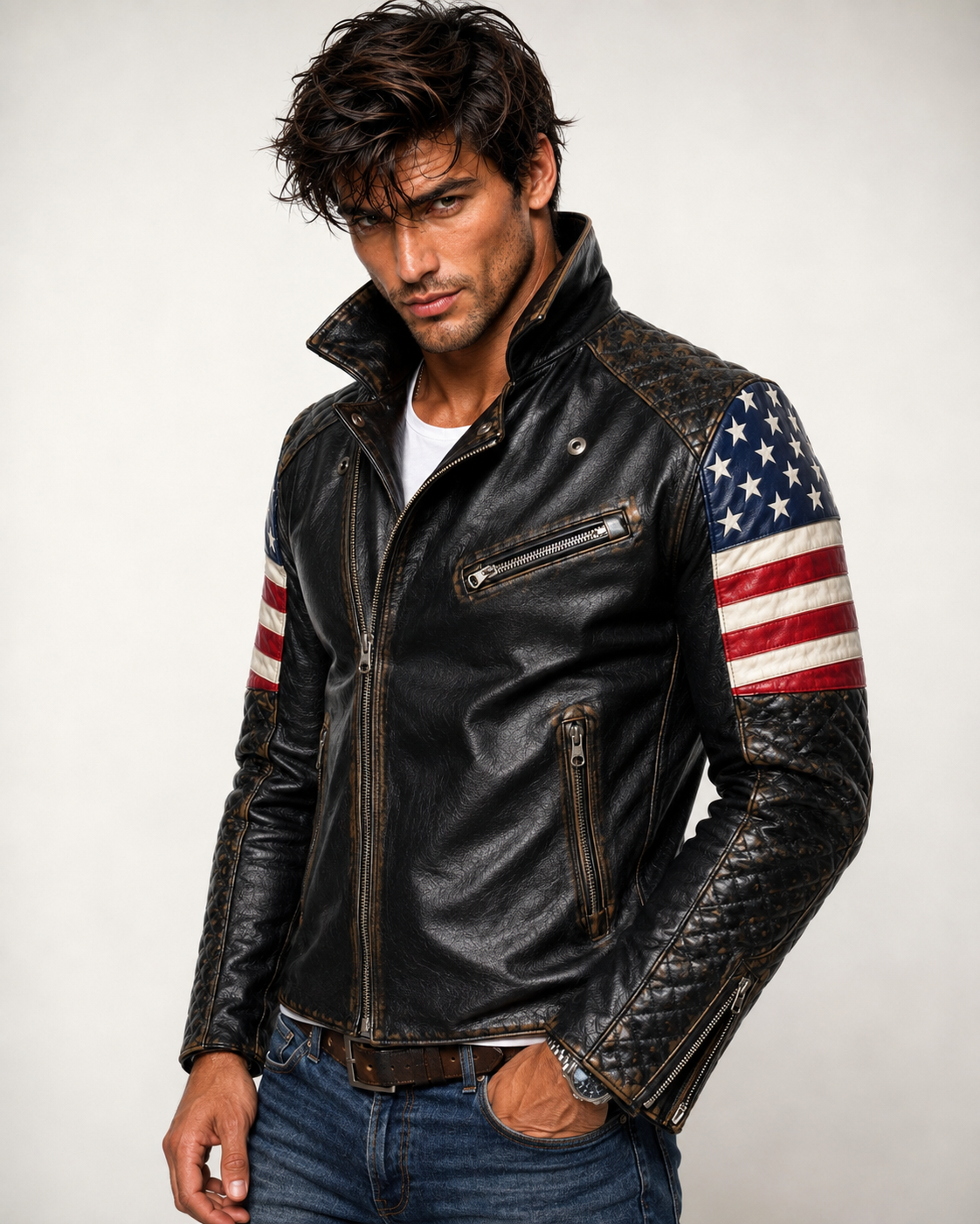 Distressed Charcoal Black Sheep Leather Moto Jacket | Daaran – back view