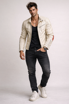 Ivory Moto Leather Jacket – Slim Fit Burnt Orange Panel Sheep Leather Biker | Aurelian by Daaran