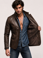 Brown Sheep Leather Blazer Jacket – Slim Fit Moto | Daaran – three-quarter view