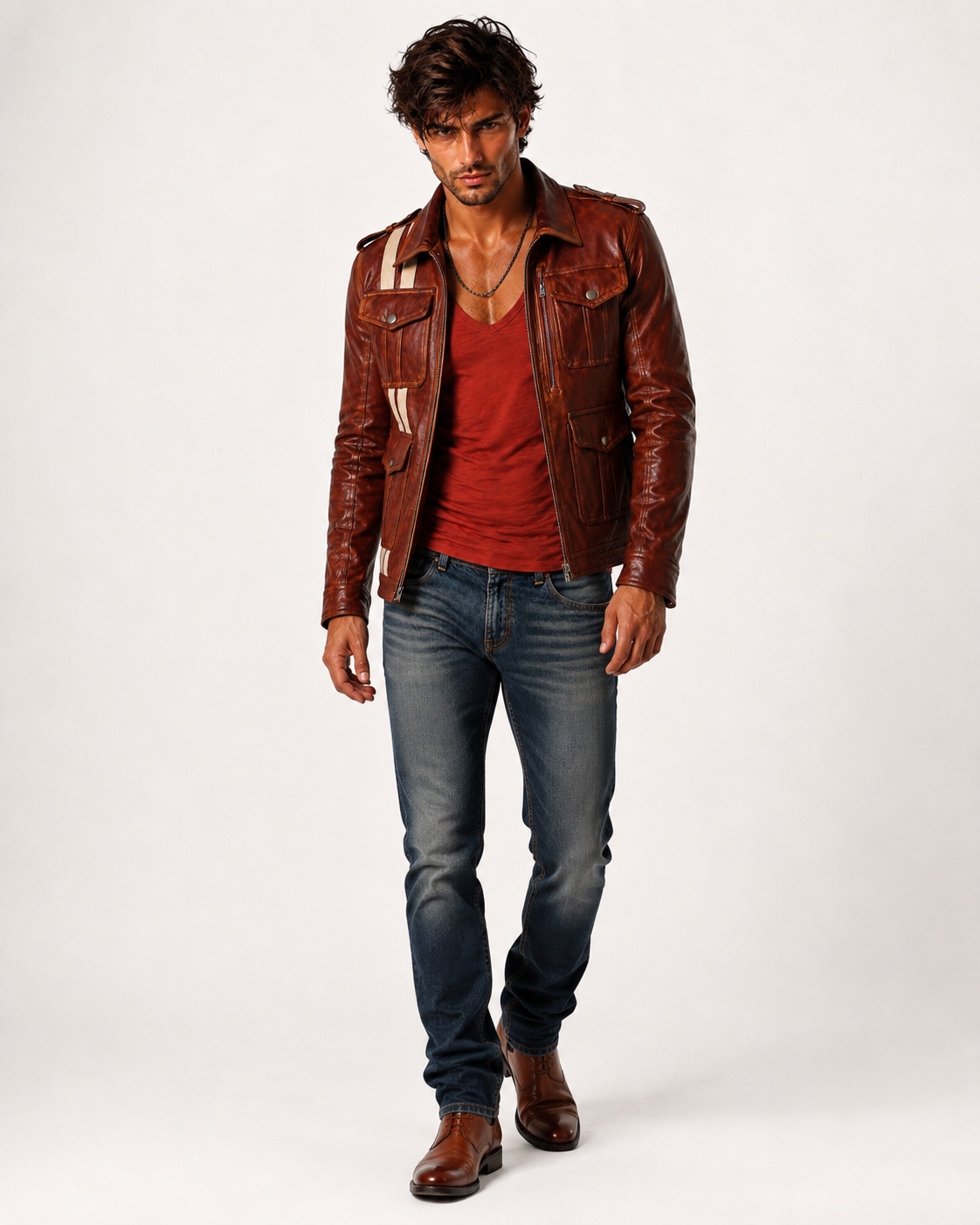Burnt Saddle Cognac Brown Leather Café Racer Jacket