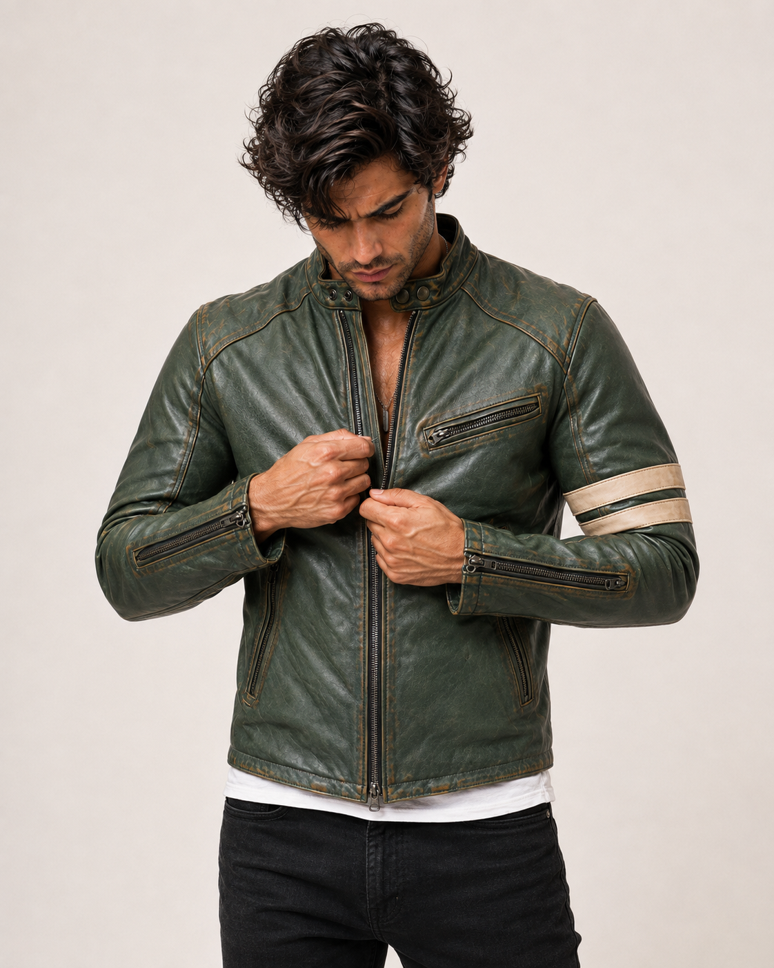 Falcon Verde Green Leather Café Racer Jacket