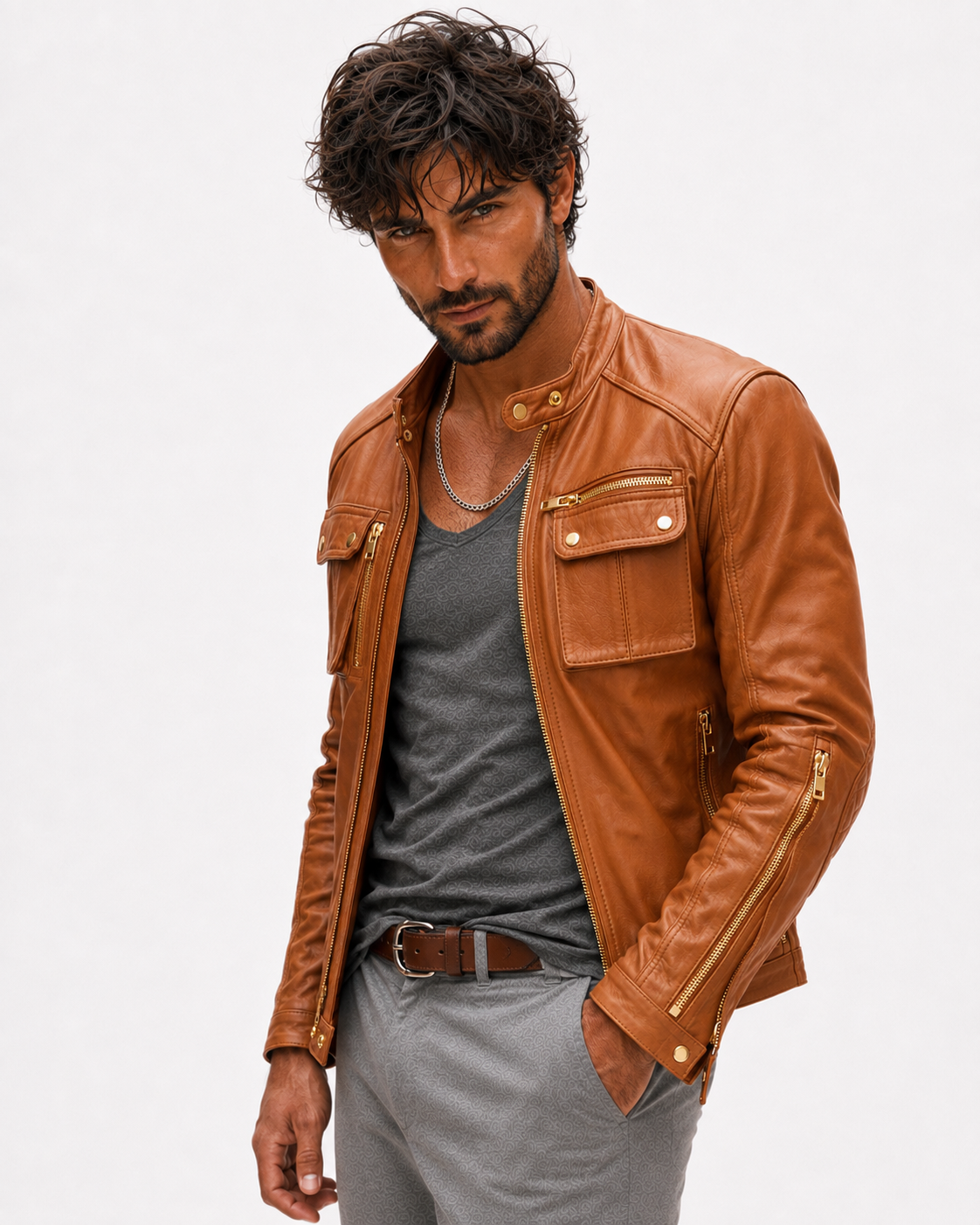 Vanguard Camel Leather Moto Jacket