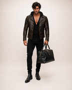 Distressed Cowhide Biker Jacket – Bronze-Black | Daaran – styled, worn view