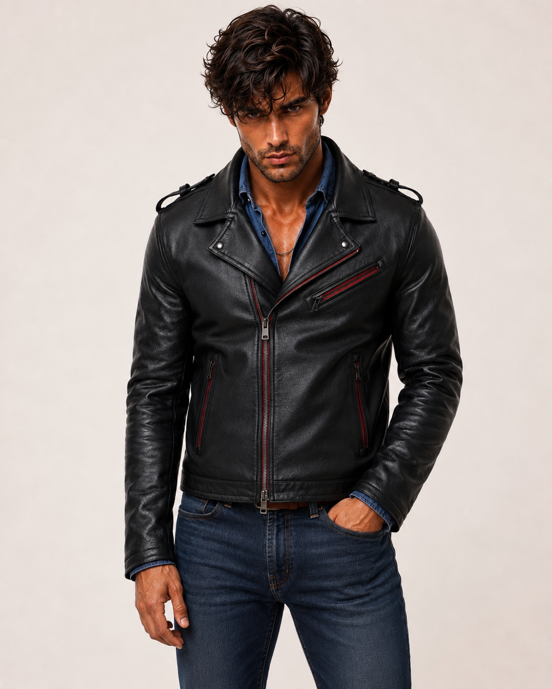 Redline Phantom Black Leather Biker Jacket