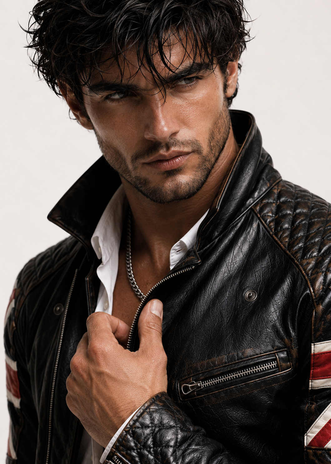 Union Jack Black Leather Café Racer Jacket | Daaran – collar and zipper detail