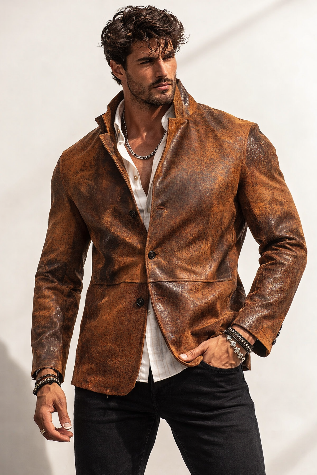 Men’s Brown Genuine Leather Jacket – Slim Fit Blazer Style | Korvane