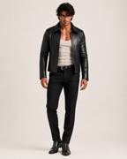 Midnight Sculpt Black Leather Racer Jacket | Daaran – flat lay view