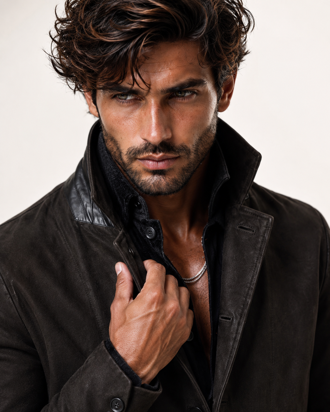 Black Suede Blazer Jacket – Daaran Savren – close-up of leather texture and stitching