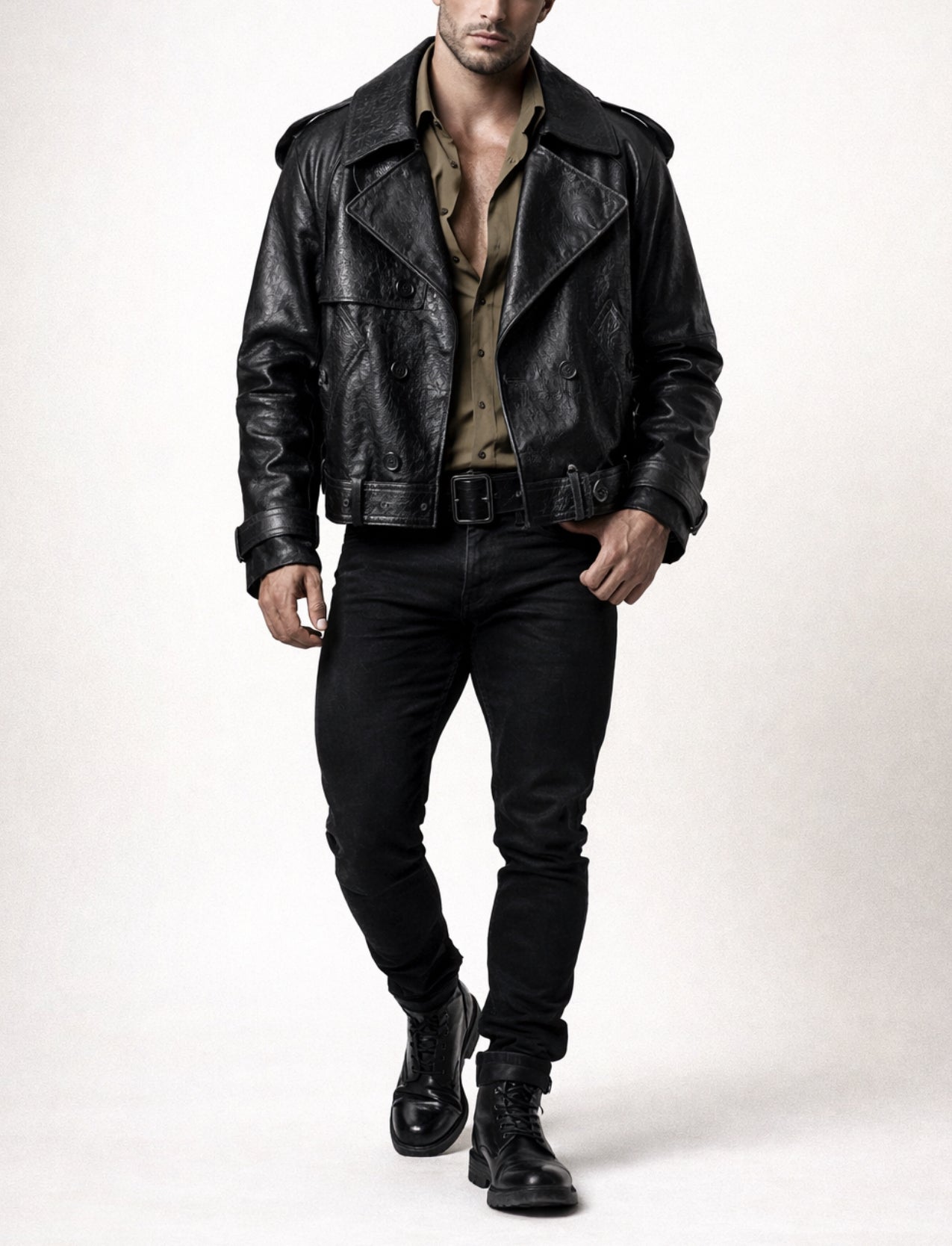 Vanta Black Cropped Leather Trench Jacket