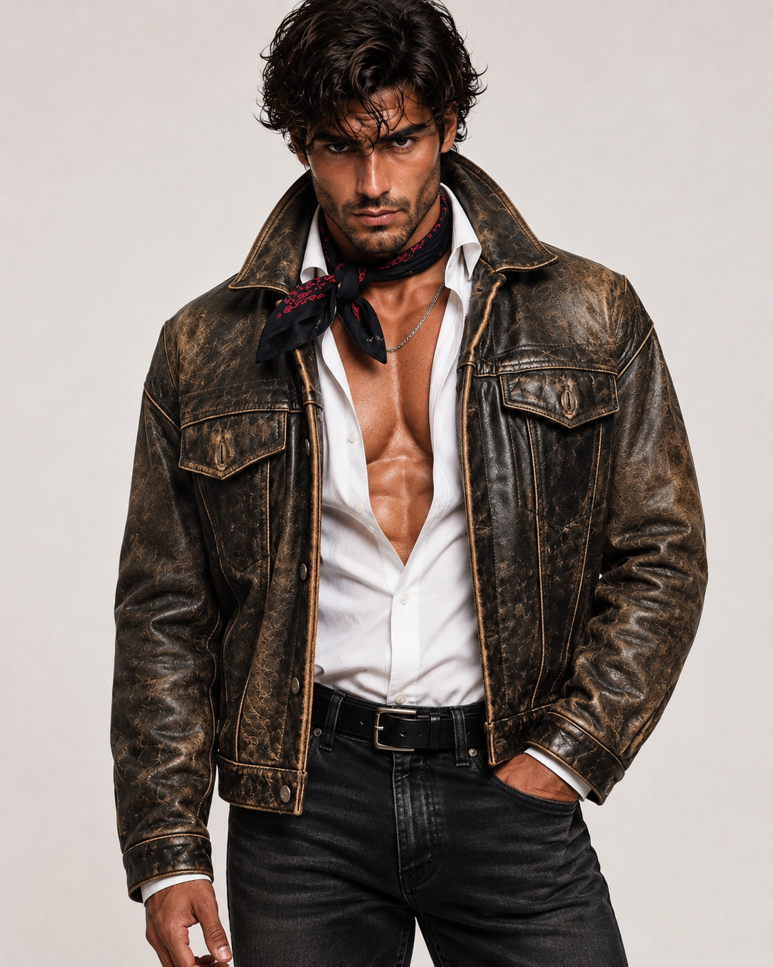 Distressed Brown Trucker Jacket – Daaran Rustell – front view