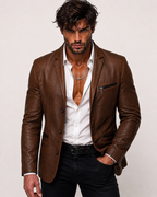 Cognac Brown Suede Leather Blazer – VEYNOR | Daaran – front view