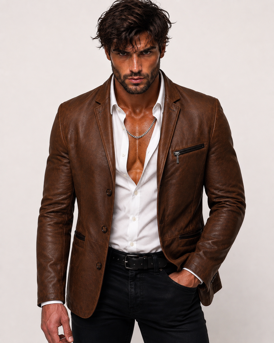 Cognac Brown Suede Leather Blazer – VEYNOR | Daaran – front view