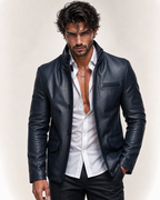 Daaran Vareno Navy Blue Leather Stand-Collar Jacket