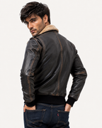 Distressed Brown Shearling Aviator Bomber Jacket