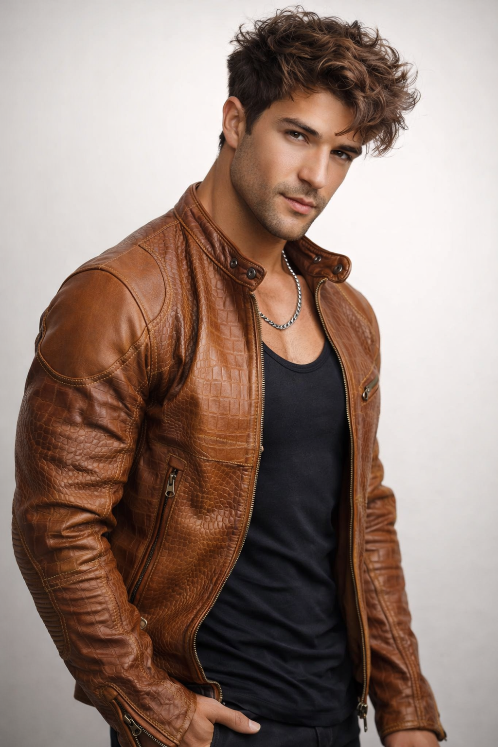 Cognac Croc-Embossed Sheep Leather Moto Jacket – Slim Fit | Crovane by Daaran