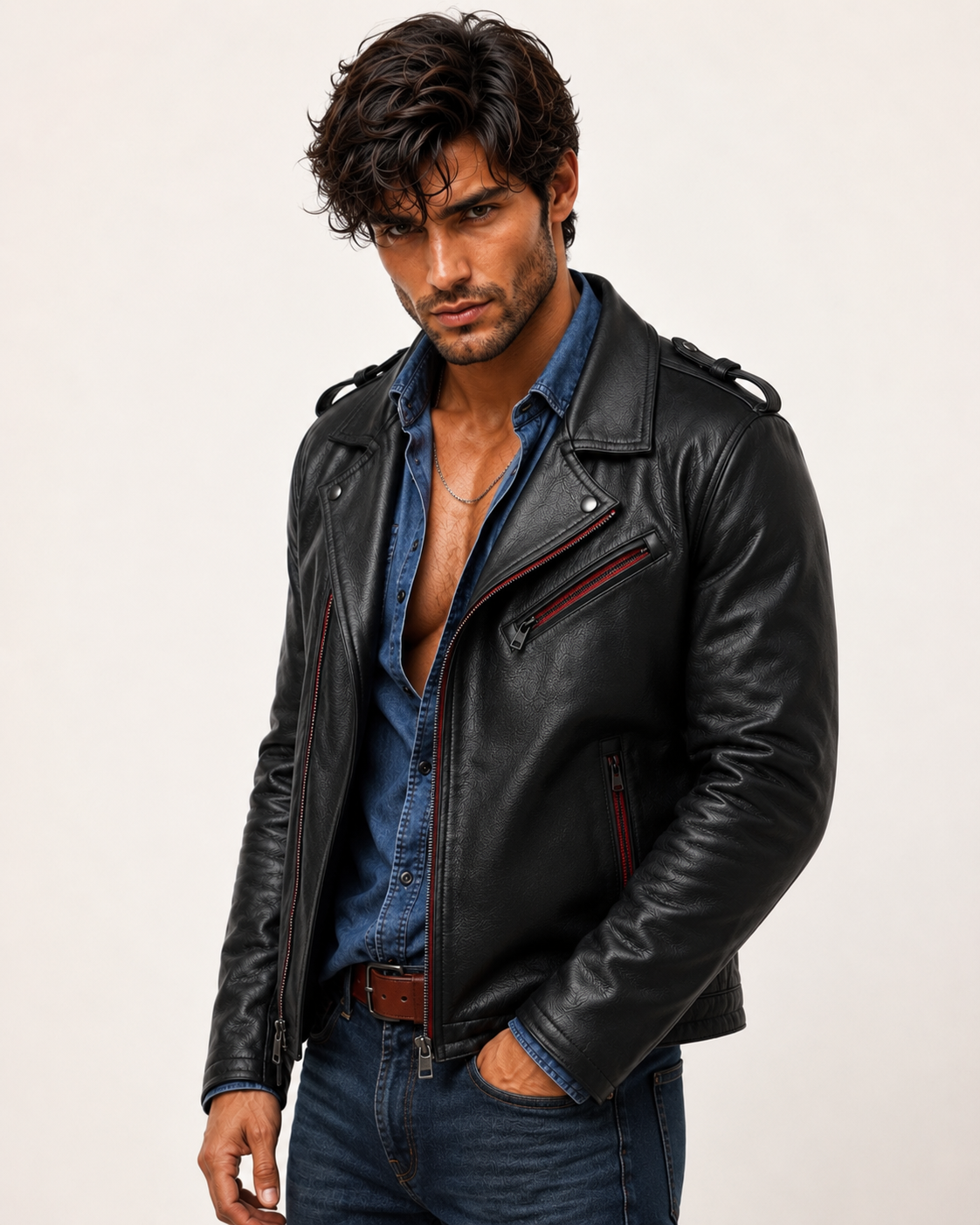 Redline Phantom Black Leather Biker Jacket