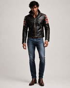Union Jack Black Leather Café Racer Jacket | Daaran – hardware and button detail