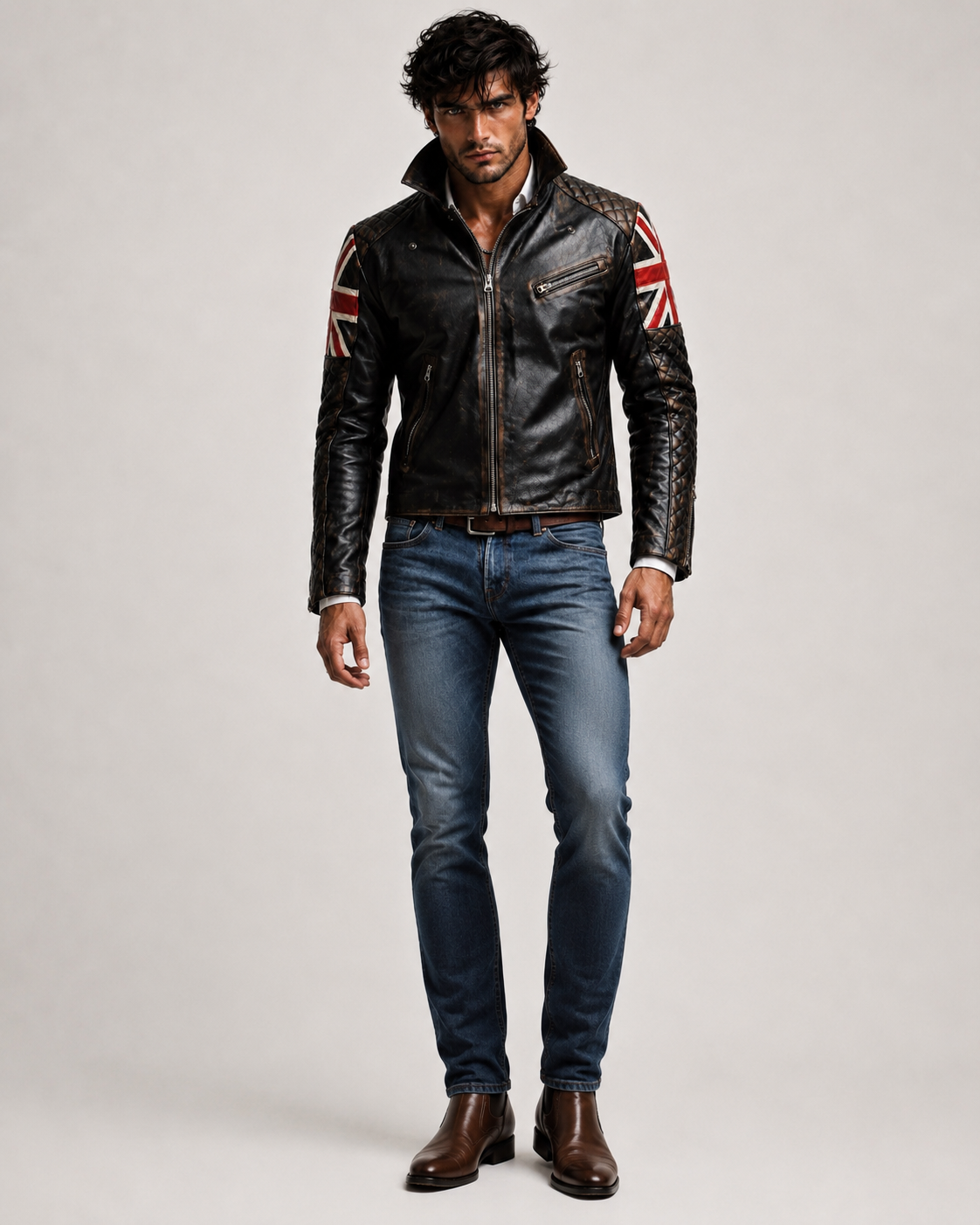 Union Jack Black Leather Café Racer Jacket | Daaran – hardware and button detail
