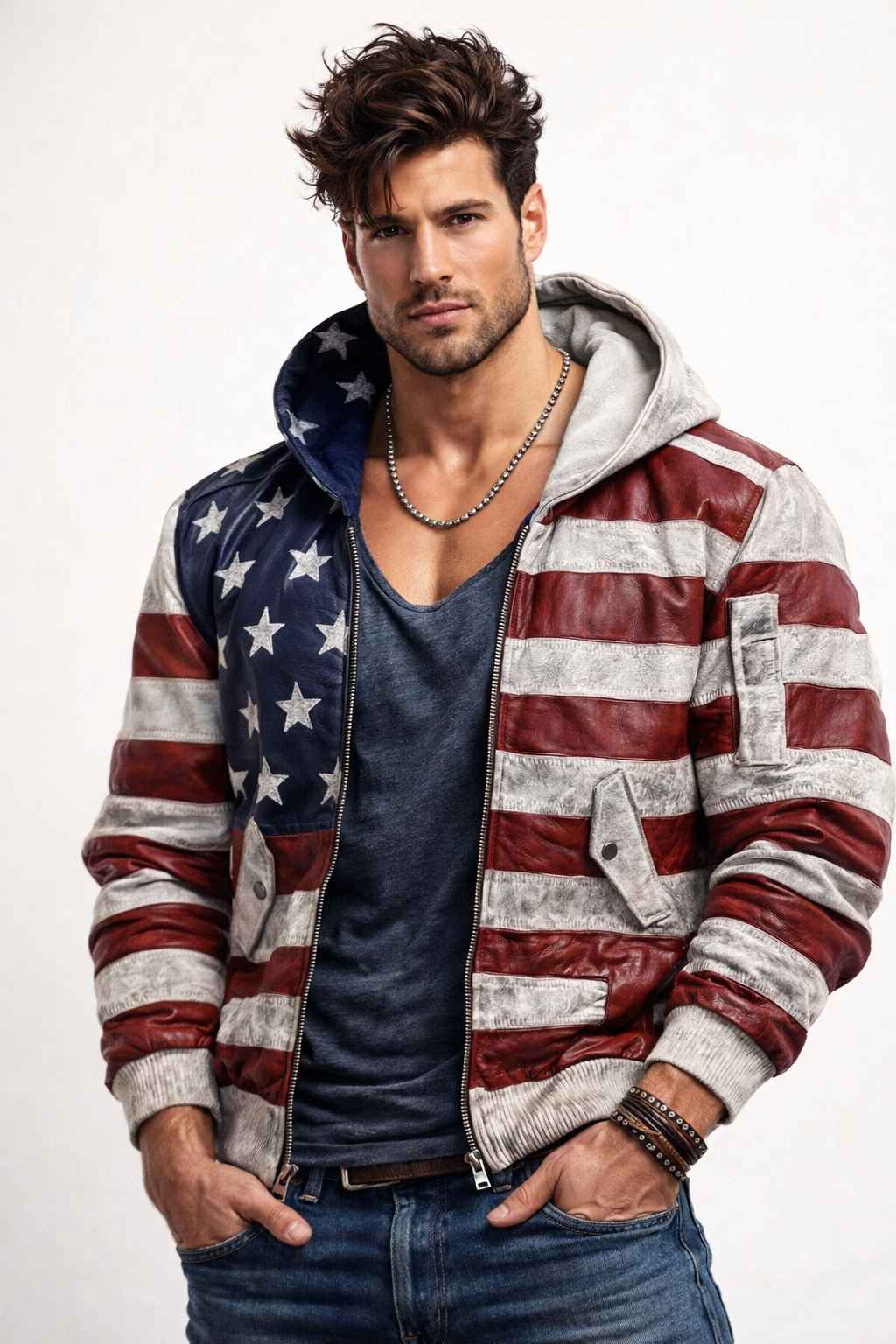 Men’s Distressed Sheep Leather Bomber Jacket – Vintage Flag | Daaran Keaton