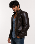 Men's Distressed Brown Mandarin Collar Leather Jacket | Daaran – close-up of leather texture and stitching