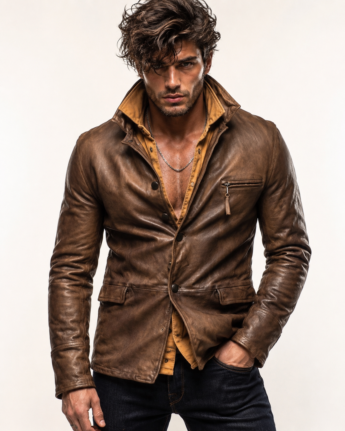 Men's Brown Sheep Leather Blazer: Vintage Slim Fit Jacket | Daaran – front view
