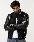 Varsity Black Leather Bomber Jacket