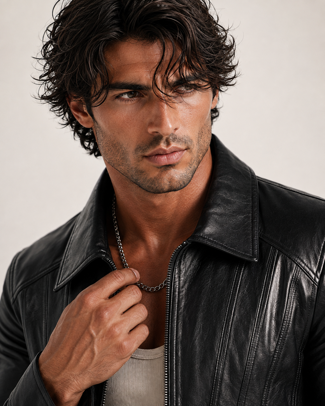 Midnight Sculpt Black Leather Racer Jacket | Daaran – collar and zipper detail