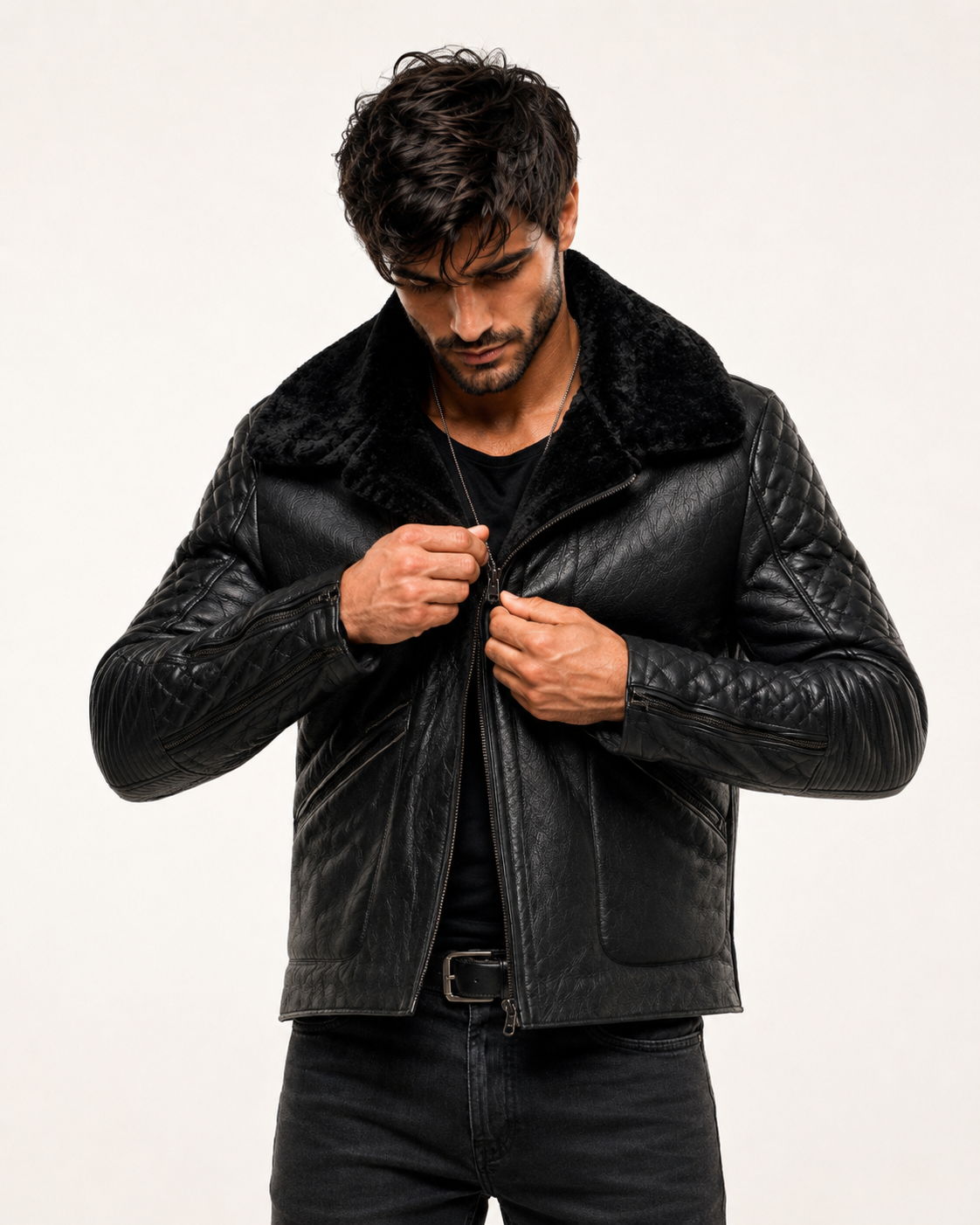 Obsidian Reign Black Leather Shearling Jacket