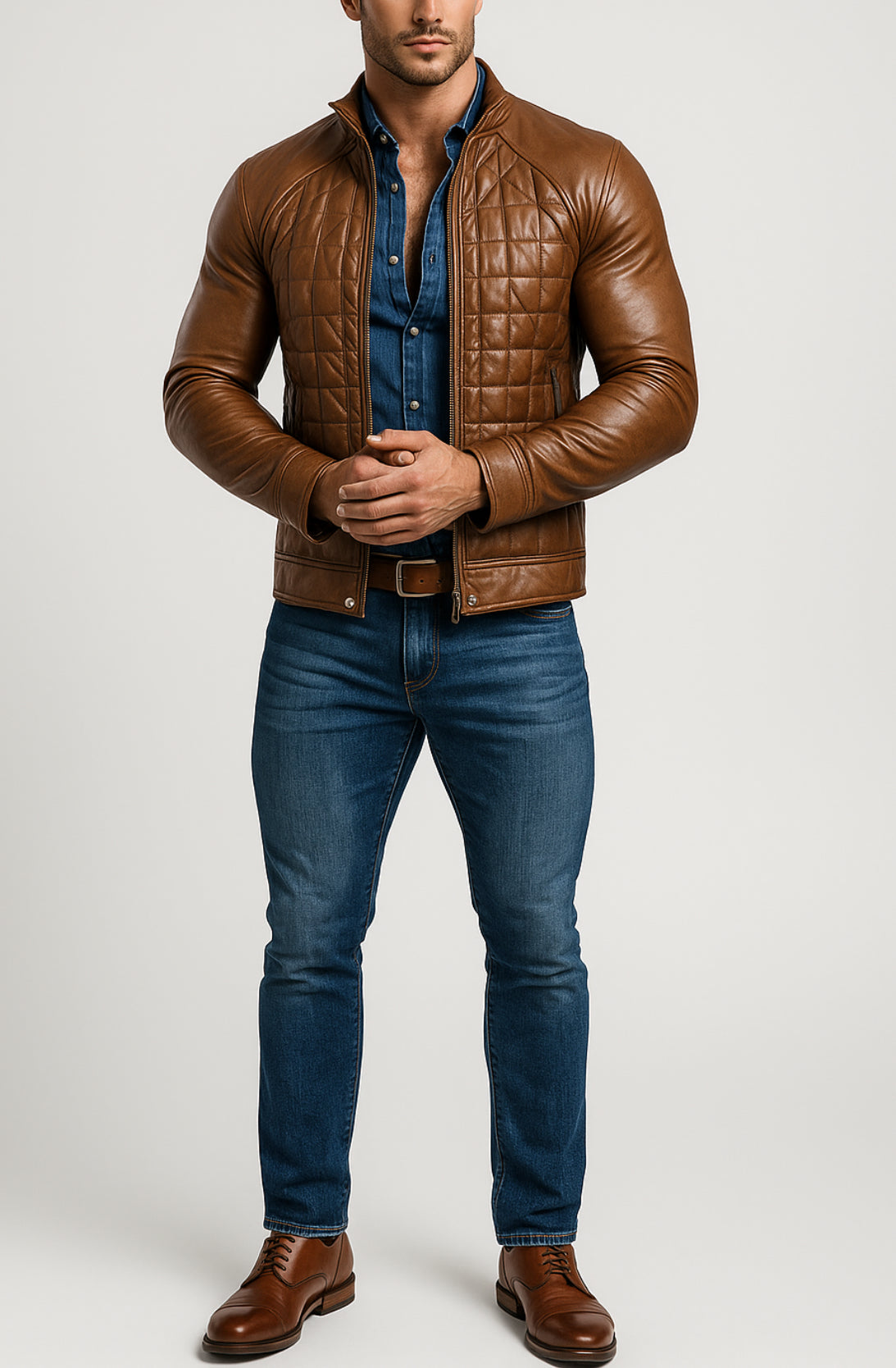 Luxe Grid Moto Urban Brown Leather Jacket